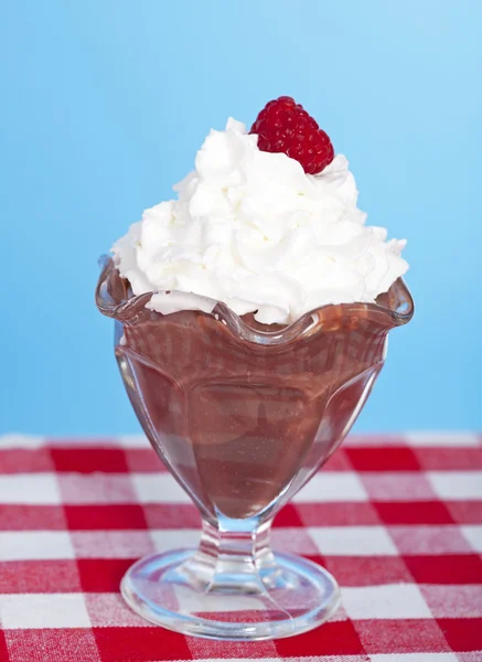 Chocolate pudding with whipped cream and a rasberry — Stock Photo, Image