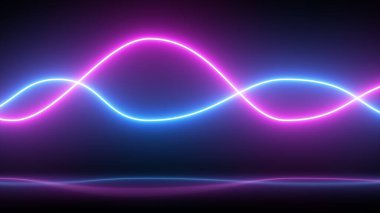 3D görüntüleme, soyut panoramik arka plan, yansımalı gerçekçi neon pembe ve mavi dalga. neon ışığı, lazer gösterisi, itki, ekolayzır şeması, ultraviyole spektrum, titreşim güç hatları,