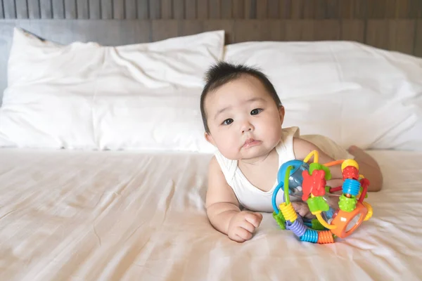 Portrait Cute Little Asian Baby Girl Wearing White Bodysuit Lying — Fotografia de Stock