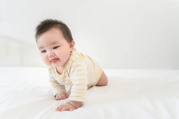 Portrait Cute Little Asian Baby Girl Wearing Bodysuit Lying White — Fotografia de Stock