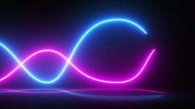 3D render parlayan neon çizgiler, soyut arkaplan döngülü animasyon. Soyut panoramik arka plan, yansımalı gerçekçi neon pembe ve mavi dalga. Neon ışığı, lazer gösterisi