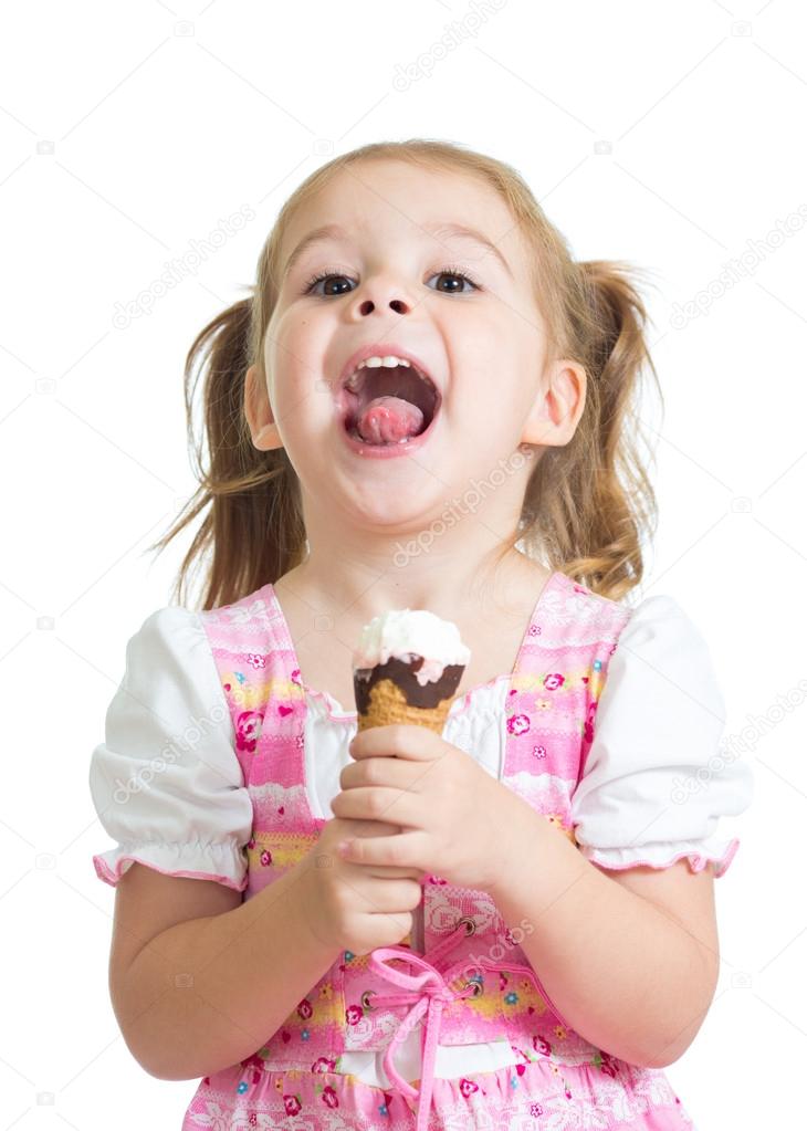 Happy Kid Girl Eating Ice Cream In Studio Isolated Stock Photo Happy Kid Girl Eating Ice Cream In Studio Isolated Stock Photo