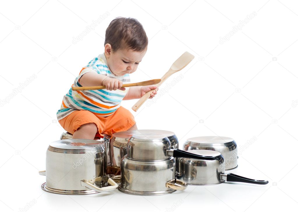 Kid boy drumming playing with pots — Stock Photo © oksun70 46525847