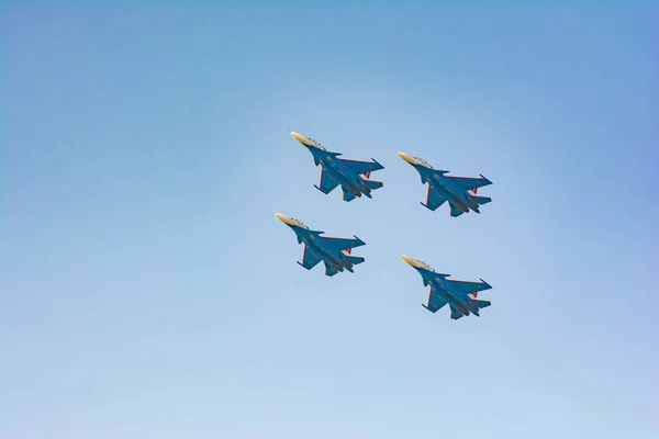 Russian military aircraft in the sky. Russian aircraft Su 30SM. Fighters and bombers soar in the sky. Russian aviation