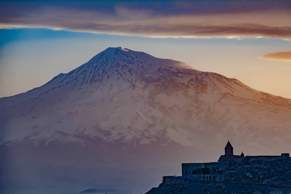 Khor Virap Klášter Mount Ararat Úžasný Západ Slunce Klášterní Silueta — Stock fotografie