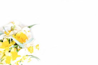 Beyaz arka planda çiçekler. Çiçekçiler ve tasarımcılar için pankart. Beyaz arka plan ve güzel bir buket çiçek.