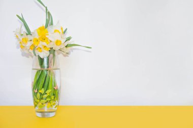 Vazoda bir buket çiçek. Vazoda sarı ve beyaz çiçekler. Çiçekçiler için pankart