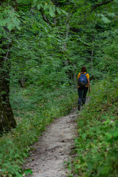 Traveler in the forest. Girl in the forest