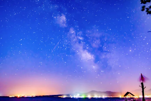 Starry sky and bright milky way galaxy. Beautiful night landscape