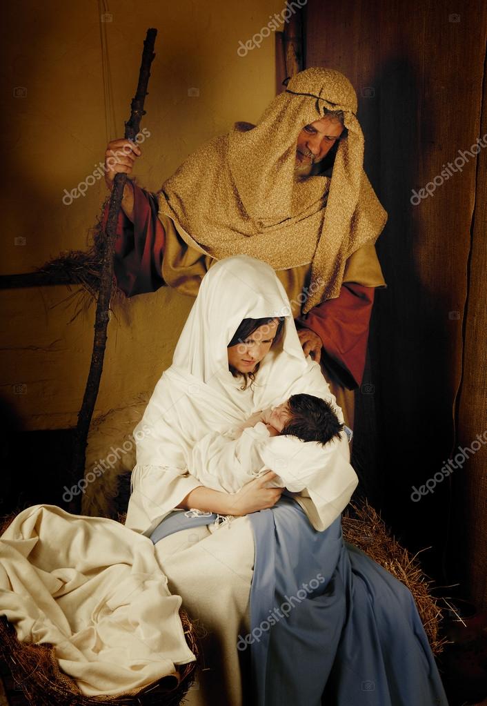 Living christmas nativity scene reenacted with a real 18 days old baby