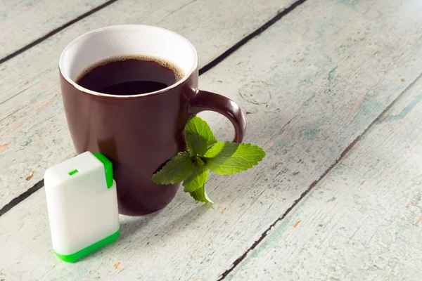 Box of stevia tablets and coffee — Stock Photo, Image