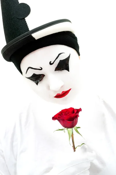 High key pierrot with rose — Stock Photo, Image