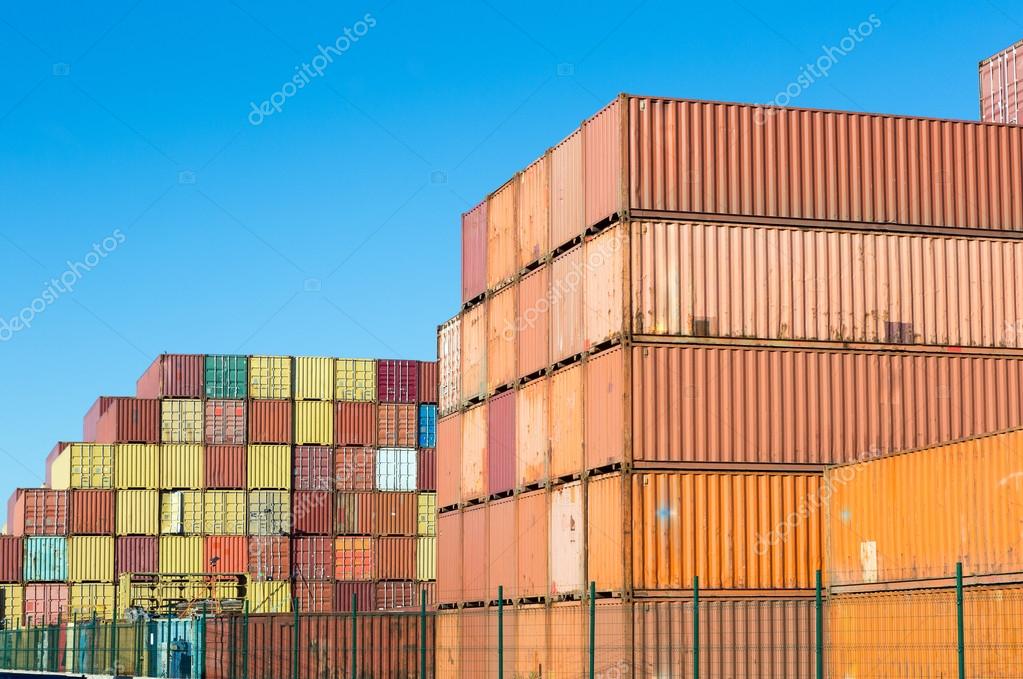 Stacked containers in the container terminals of Antwerp world port in Belgium - all brands and logos have been removed