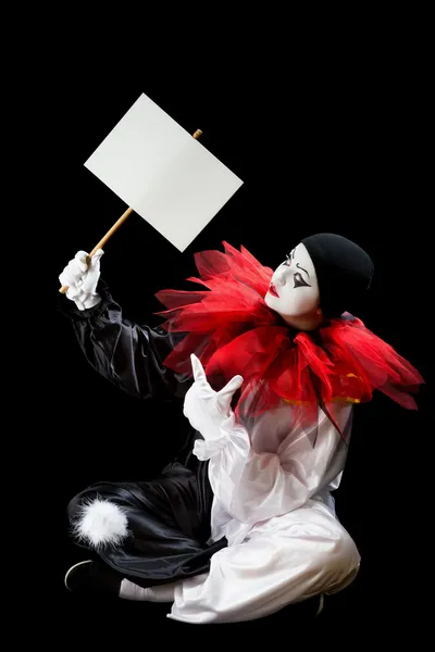 Pierrot com sinal em branco — Fotografia de Stock