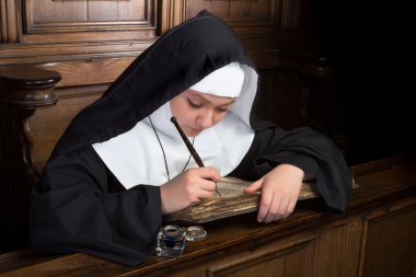 Ancient book and young nun clipart