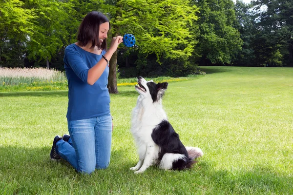 Playing fetch with her dog — Stock Photo, Image