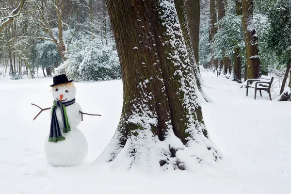 Большое дерево и маленький снеговик — стоковое фото