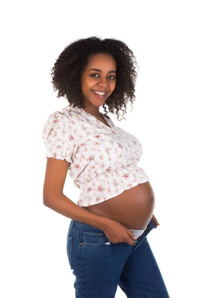 Pancia incinta in jeans aperti — Foto Stock