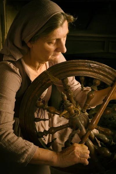 Renaissance Porträt Einer Frau Mit Antiken Spinnrädern Vor Einem Kamin — Stockfoto