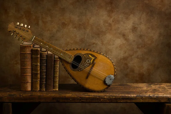 Beautiful Old Lute Antique Books Rustic Old Wooden Shelf — Stock Photo, Image