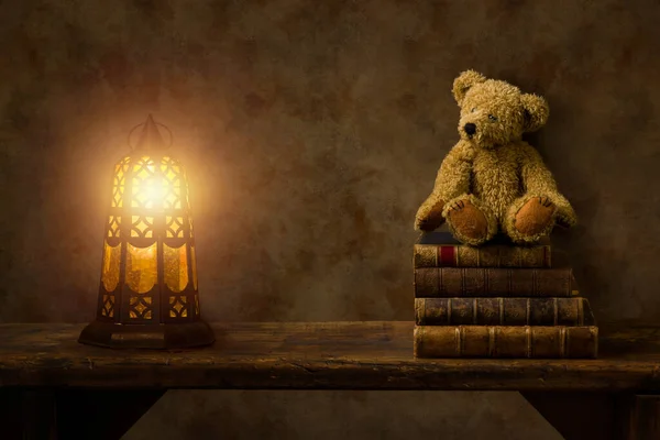 Burning Lantern Teddy Bear Rustic Old Wooden Shelf Suitable Digital — Stock Photo, Image