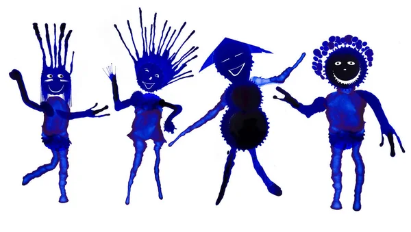 Αστείες Φιγούρες Stickmen Φτιαγμένες Από Μπλε Κηλίδες Μελανιού Που Αντιπροσωπεύουν — Φωτογραφία Αρχείου