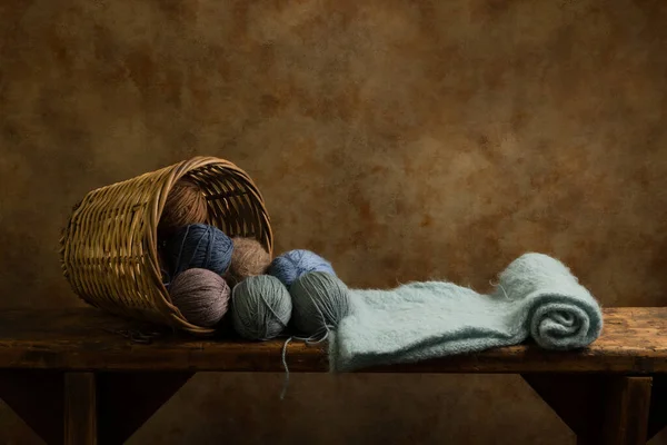 Blue Knitted Scarf Balls Wool Rustic Old Wooden Shelf Suitable — Stock Photo, Image