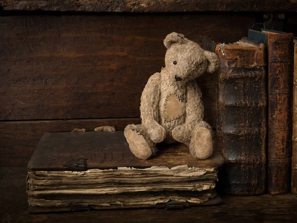 Stacked Antique Books Teddy Bear Rustic Old Wooden Shelf Suitable — Foto de Stock
