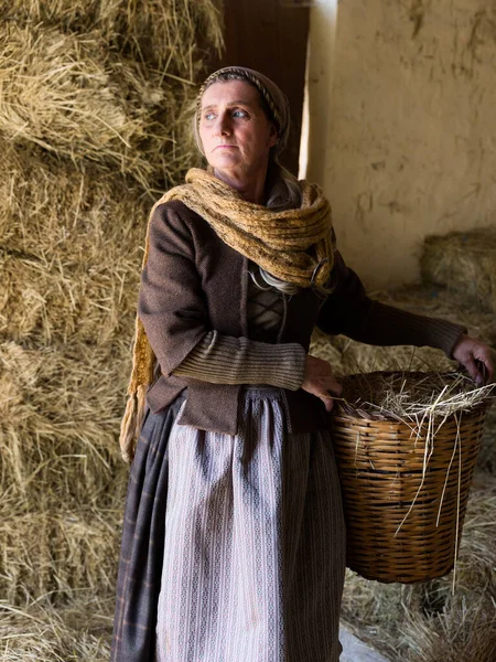 Woman Historical Medieval Costume Posing Wicker Basket Hay Barn — Stok fotoğraf