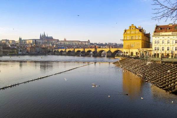 Прага Чехія Лютий 2014 Міський Пейзаж Краєвидом Мостові Відстані Перетинаючи — стокове фото