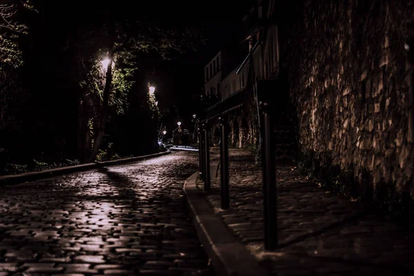 Noir Style Deserted Cobblestone Street City Night People — Stock Photo, Image