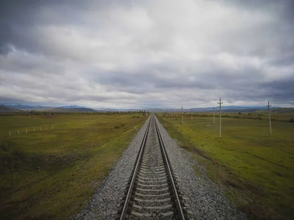 Straight Single Train Track Leading Vast Tundra Siberia Trans Siberian — ストック写真