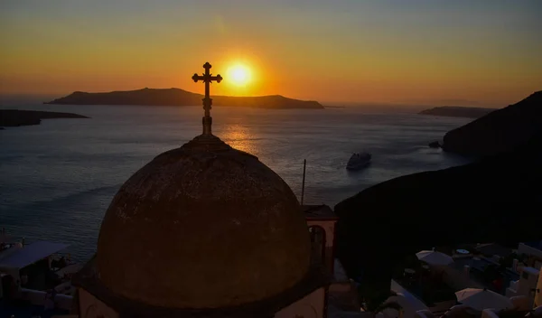 Widok Zachód Słońca Kościoła Jana Teologa Fira Wyspie Santorini Grecja — Zdjęcie stockowe