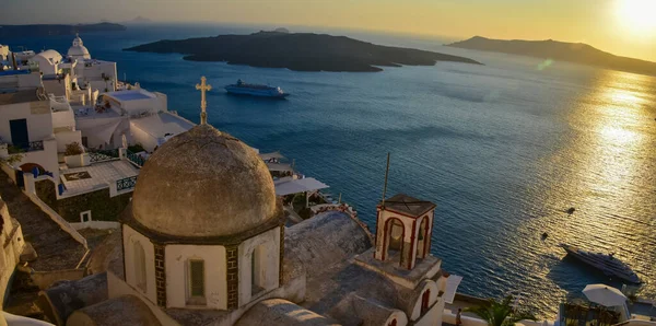 Вид Закат Церкви Святого Иоанна Богослова Фире Острове Санторини Греция — стоковое фото