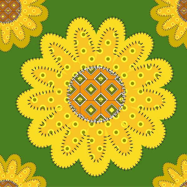 Decorative seamless ornament with sunflowers and in patchwork style — Stock Vector