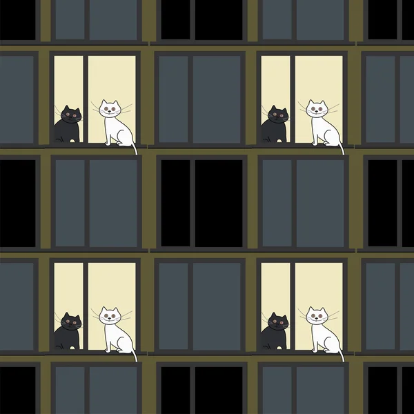 Patrón sin costuras con ventanas y gatos — Archivo Imágenes Vectoriales