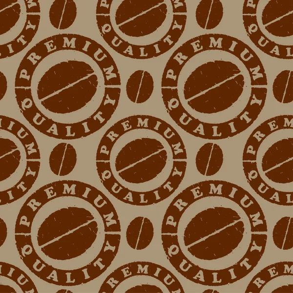 Seamless pattern with coffee beans and quality stamps — Stock Vector