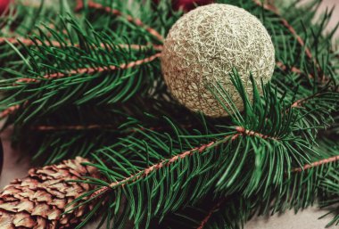 Güzel bayram kutlamaları arka planda çam dalı ve altın ve gümüş Noel oyuncakları ile