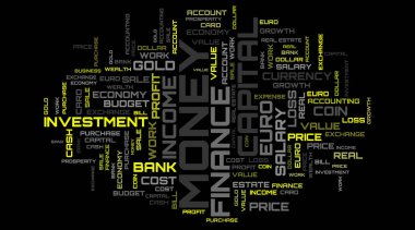 Güzel sarı kelime bulut arkaplanı. Finans kolajı arka planı