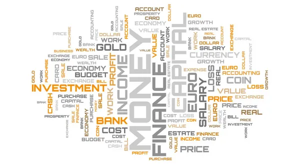 Güzel kahverengi kelime bulut arkaplanı. Finans kolajı arka planı