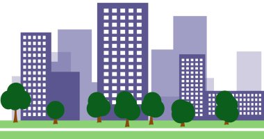 Binaların olduğu 2D karikatür şehir manzarası. Şehir illüstrasyon duvar kağıdı