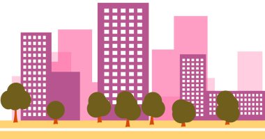 Binaların olduğu 2D karikatür şehir manzarası. Şehir illüstrasyon duvar kağıdı