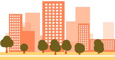 Binaların olduğu 2D karikatür şehir manzarası. Şehir illüstrasyon duvar kağıdı