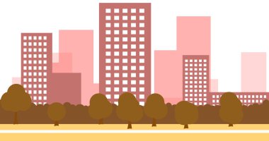 Binaların olduğu 2D karikatür şehir manzarası. Şehir illüstrasyon duvar kağıdı