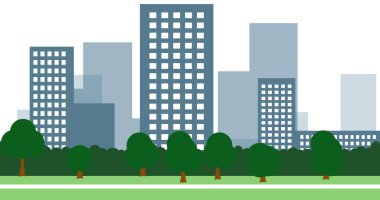 Binaların olduğu 2D karikatür şehir manzarası. Şehir illüstrasyon duvar kağıdı