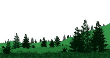 Dağları olan güzel yeşil orman. Doğa arkaplan çizimi