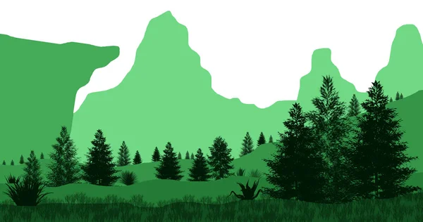 Vacker Grön Skog Med Berg Natur Bakgrund Illustration — Stockfoto