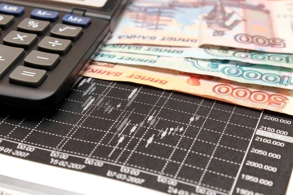 grafikler, hesap makinesi ve para.