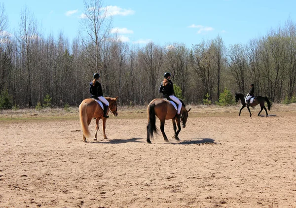 Kirov, Rusya, 05.08.2021 Yarışmalardan önce atlara binen jokeyler
