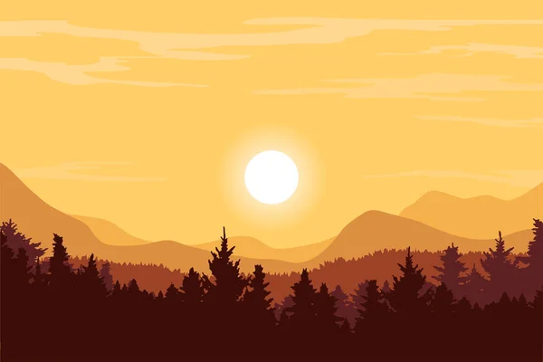 Paysage Coucher Soleil Dans Nature Avec Des Montagnes Des Forêts — Image vectorielle